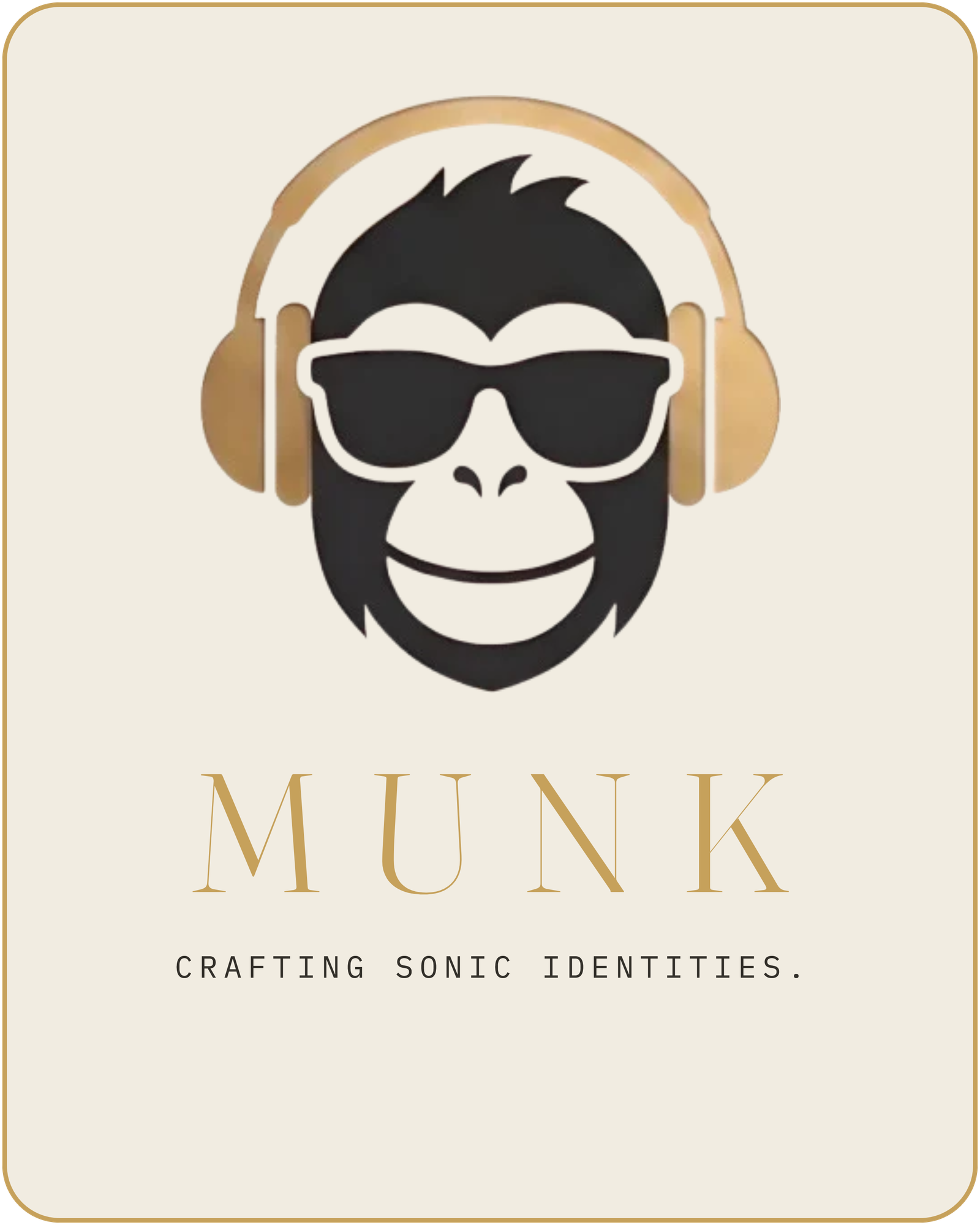 Het MUNK-logo: aap met koptelefoon en zonnebril, met de tagline Crafting sonic identities